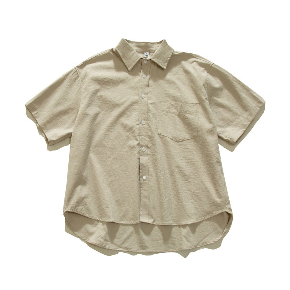 Khaki-beige short-sleeve button-up shirt with collar, chest pocket and curved hem, flat lay front view