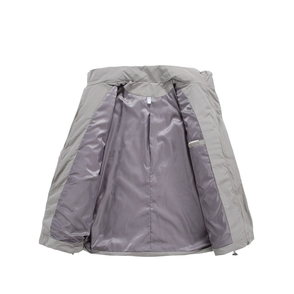 Light gray jacket opened to show its shiny gray lining, inner seams, and front zipper edges.