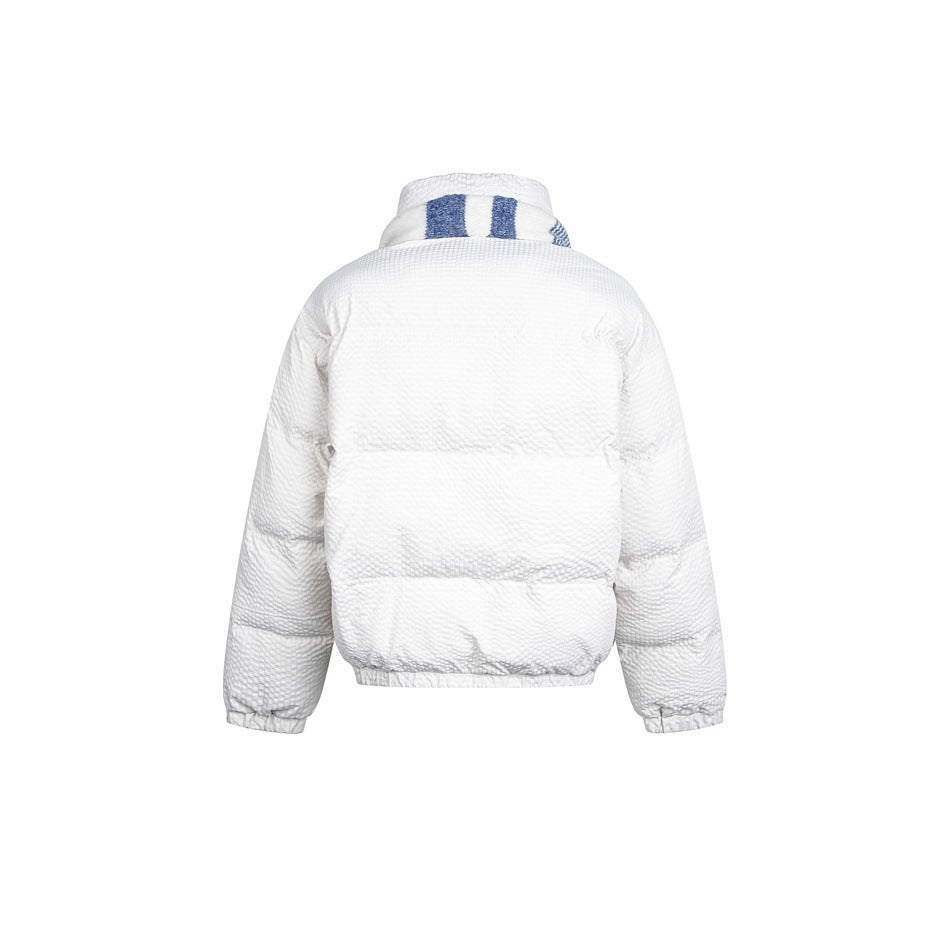 Back view of a white quilted puffer jacket with a blue-and-white striped collar, elastic cuffs and hem.