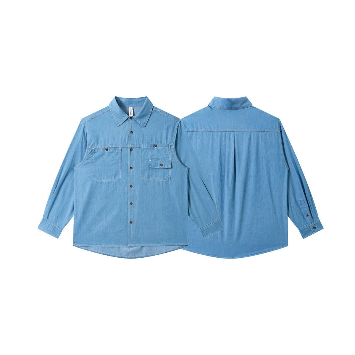 Light blue long-sleeve button-up shirt shown from the front and back, with two chest pockets.