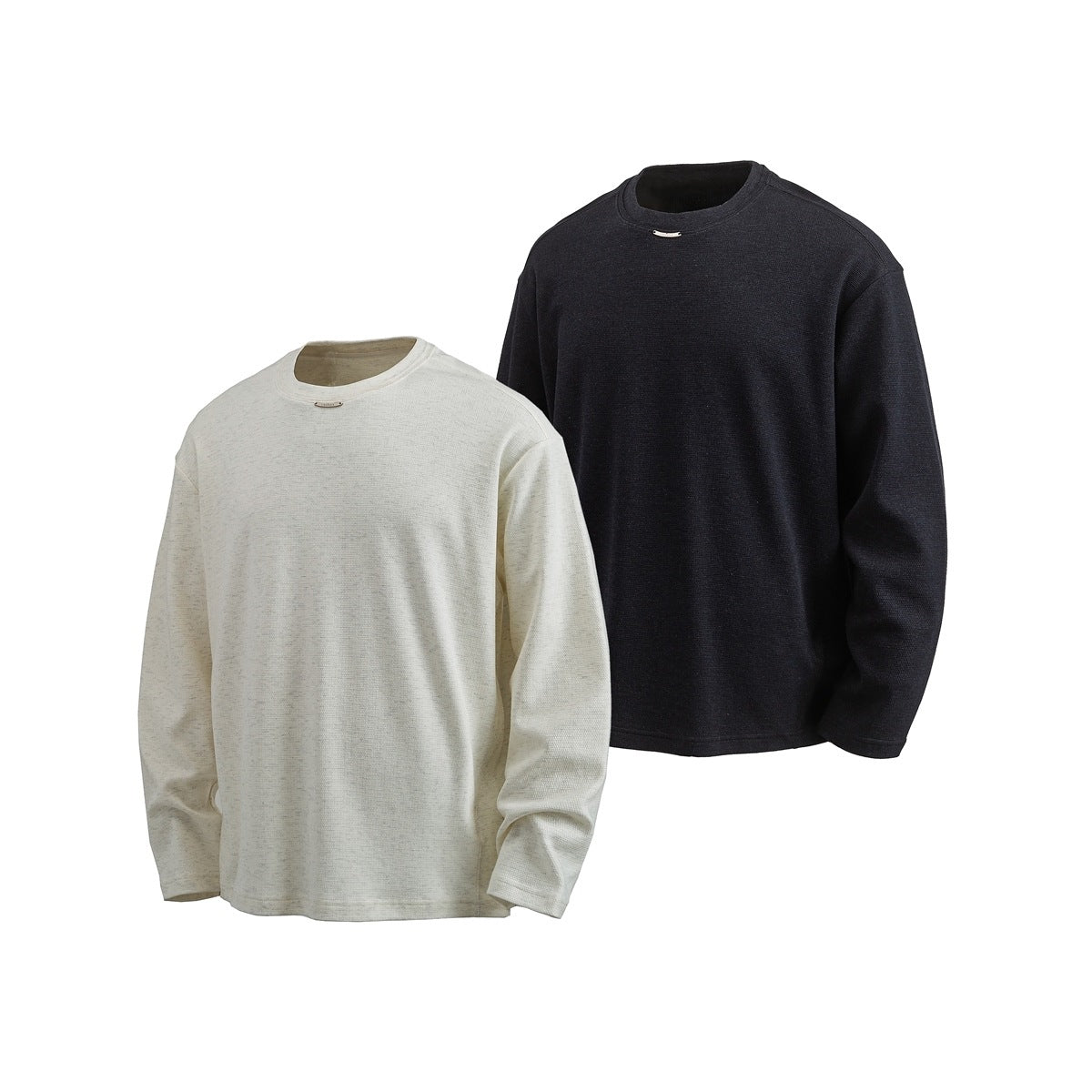 Two plain long-sleeve crew-neck shirts shown from the front in off-white and black.