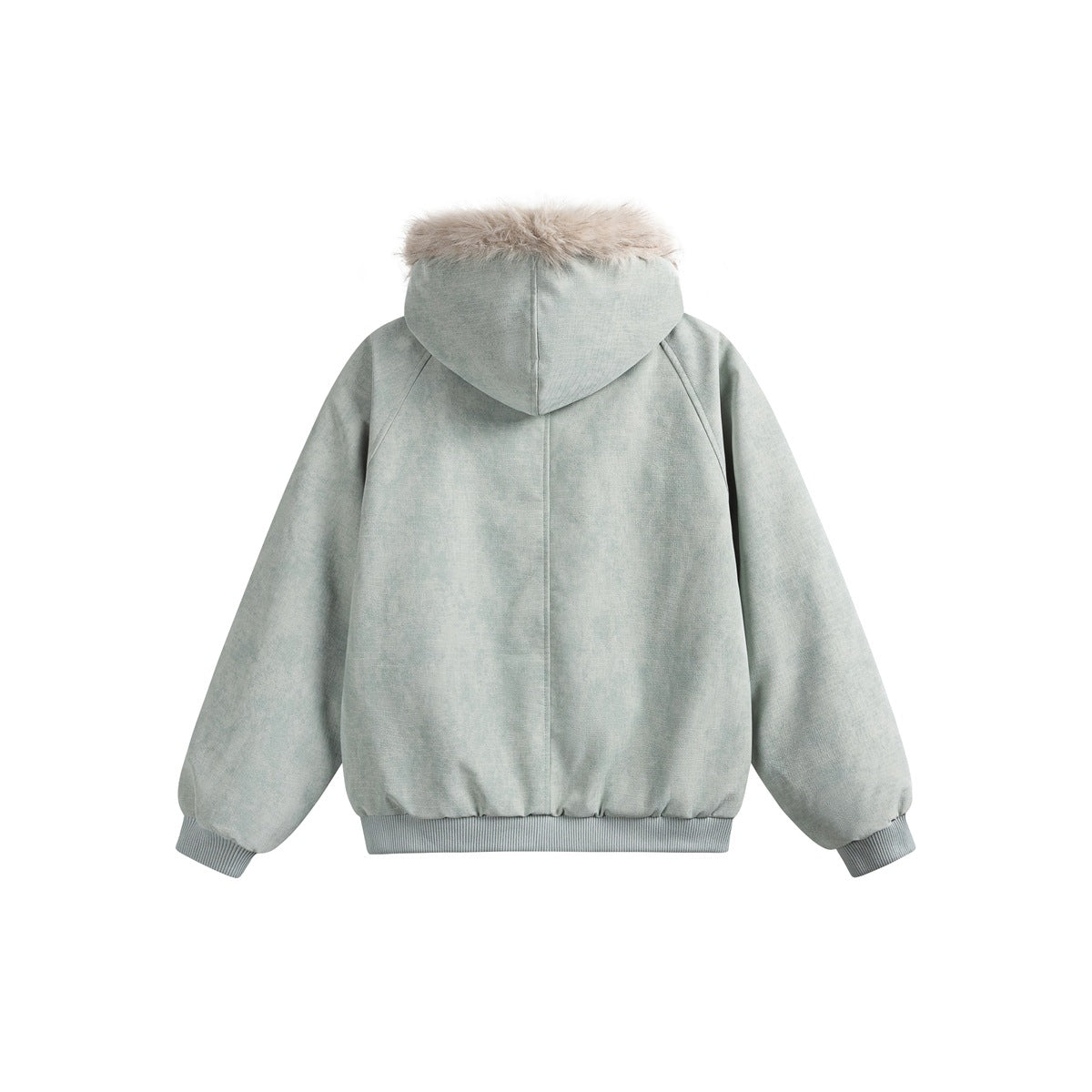 Back view of a pale sage-gray hooded jacket with beige faux-fur trim, raglan sleeves, ribbed cuffs and hem.