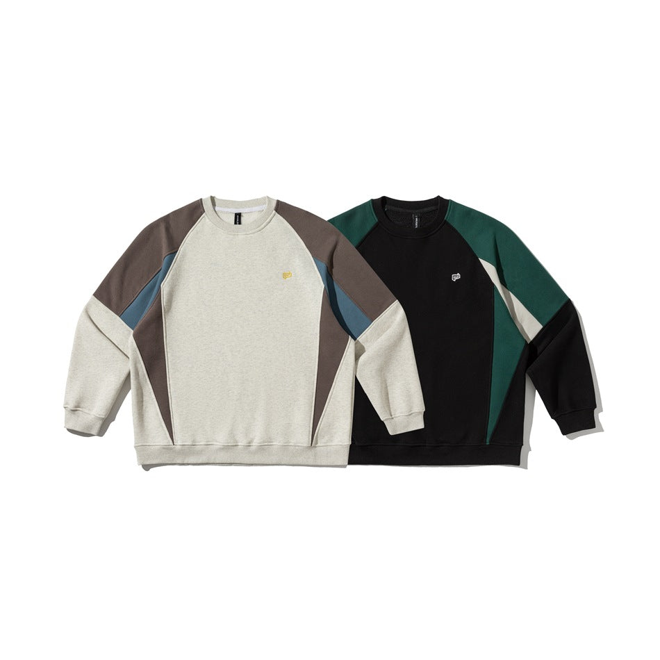 Two raglan crewneck sweatshirts shown together: off-white with gray and blue panels, and black with green and cream panels.