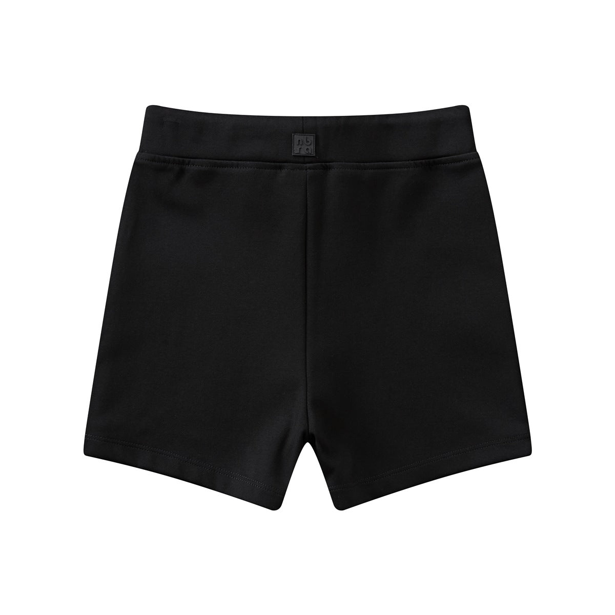 Back view of black shorts with a wide waistband, center seam, and small square emblem.