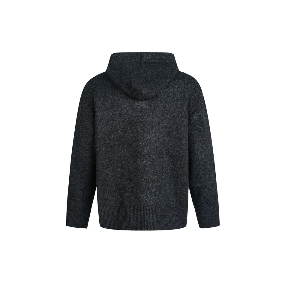 Dark charcoal knit pullover hoodie, back view with hood and ribbed hem