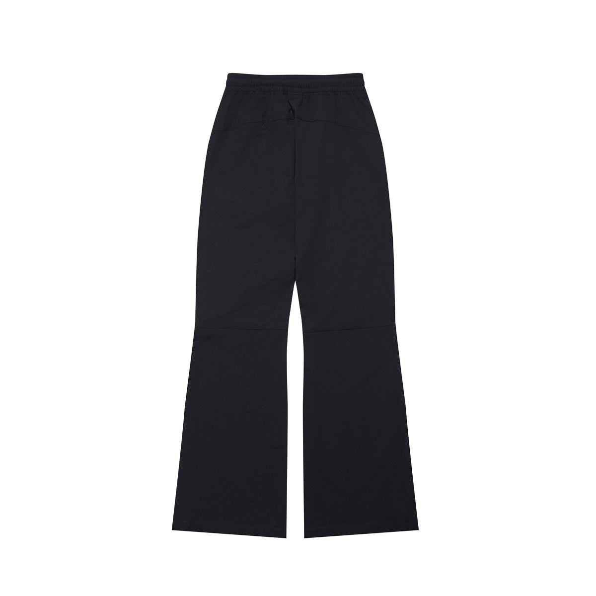 Black wide-leg pants shown from the back, with an elastic waistband, rear yoke seam and lower-leg panel seams.