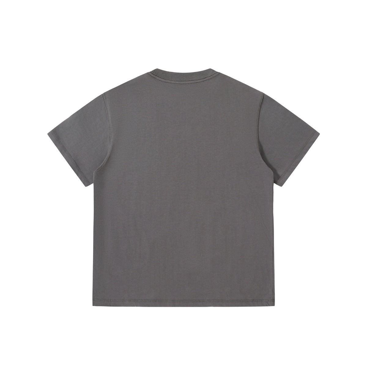 Back view of gray short-sleeve crew-neck T-shirt with plain back and ribbed collar, flat lay