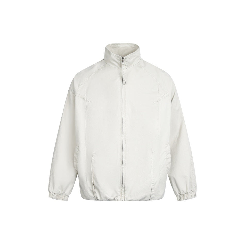 Light gray stand-collar zip jacket with raglan sleeves, elastic cuffs and banded hem, front view