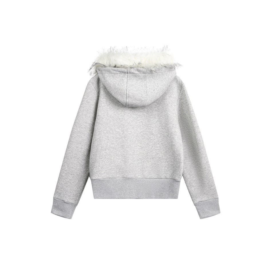 Back view of a light gray hooded sweatshirt with white fur trim, ribbed cuffs and hem, shown flat against white.