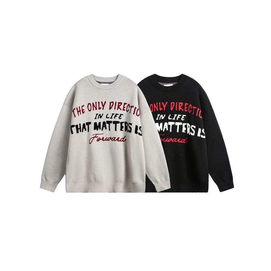 Two crewneck slogan sweatshirts displayed side by side in light gray and black.