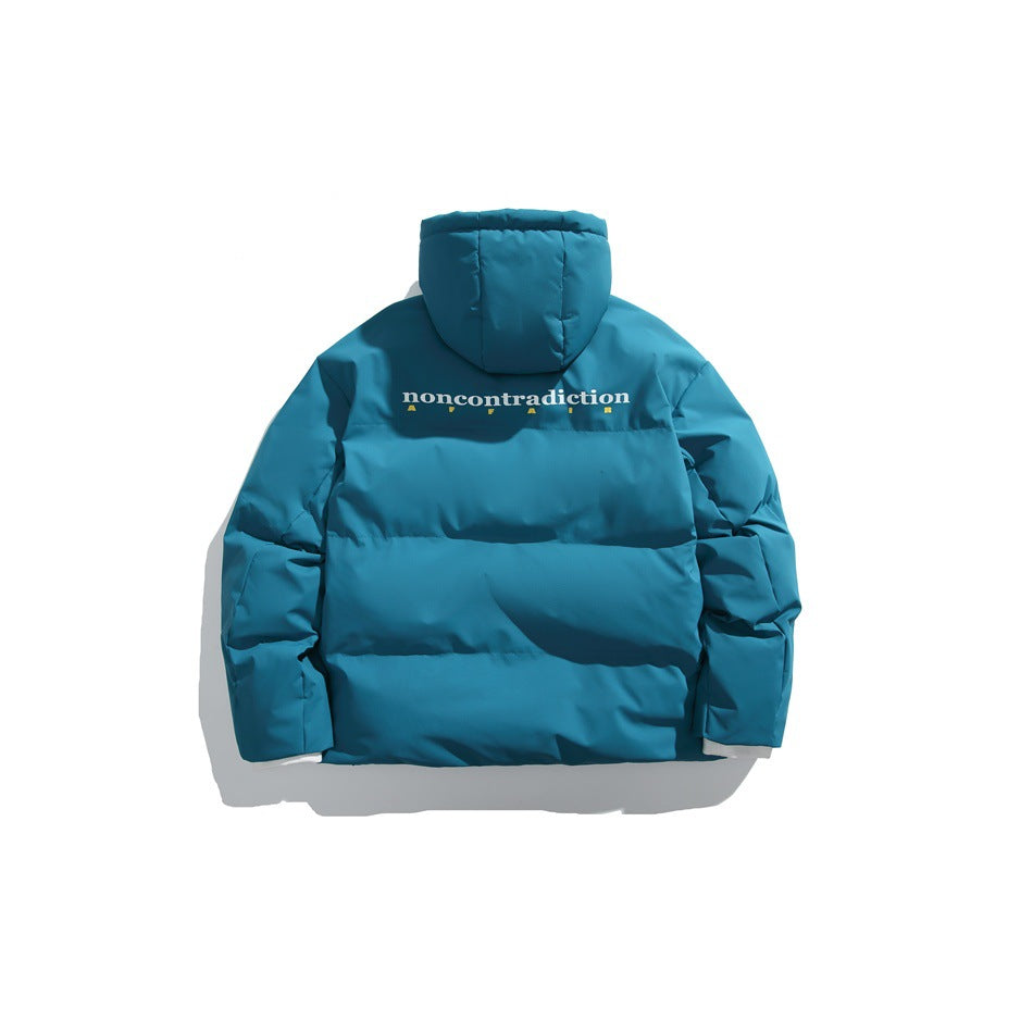 Back view of a teal hooded padded jacket with white and yellow lettering across the upper back.