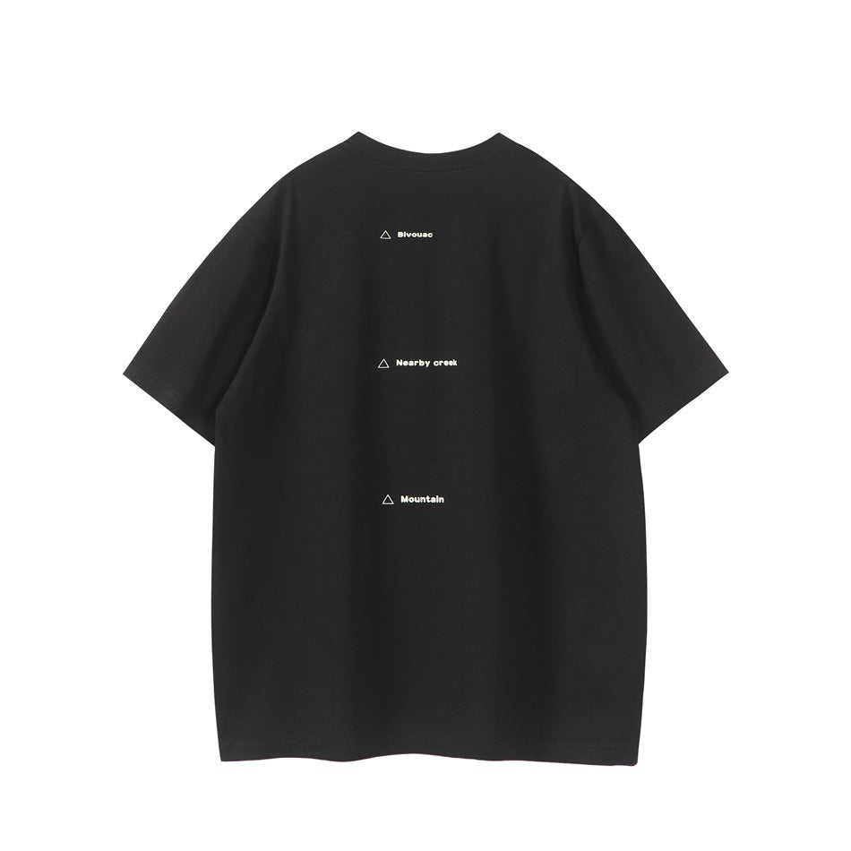Back view of a black short-sleeve crew-neck T-shirt with three small cream triangle-and-text graphics arranged vertically.