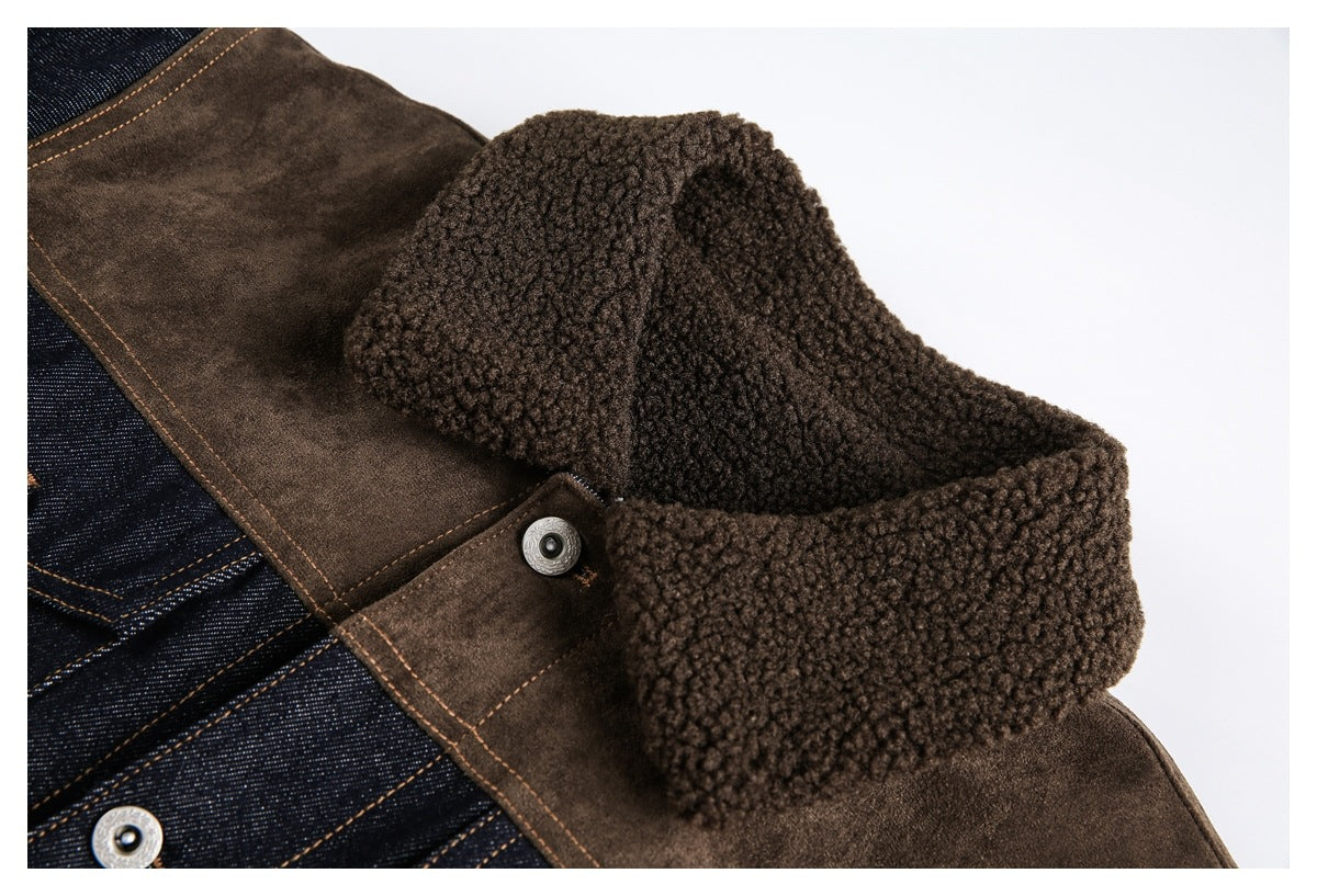 Close-up of the jacket's thick brown fleece collar, brown yoke, dark denim, and metal snap.