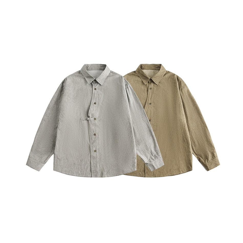 Two long-sleeved button-front shirts shown together in gray and tan, each with a pointed collar and loop detail.