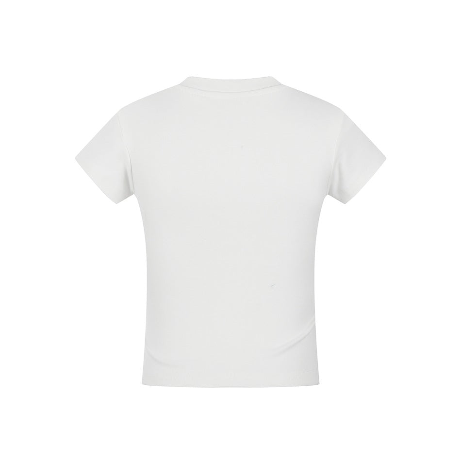 Back view of plain white short-sleeve crew-neck T-shirt on a white background