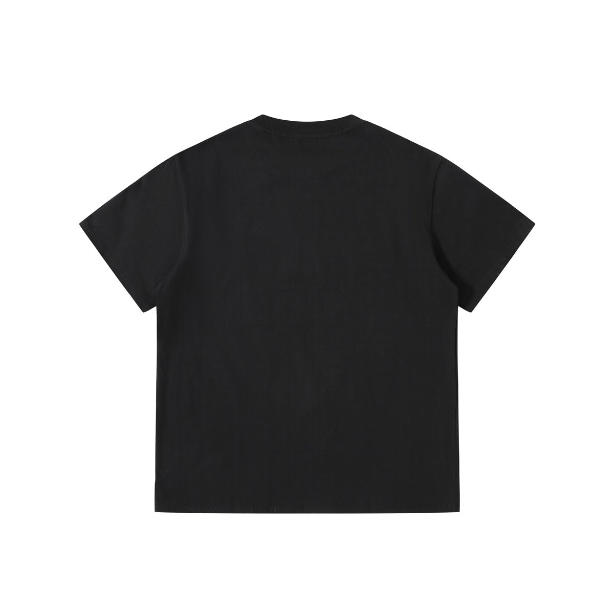 Back view of a plain black short-sleeve crew neck T-shirt