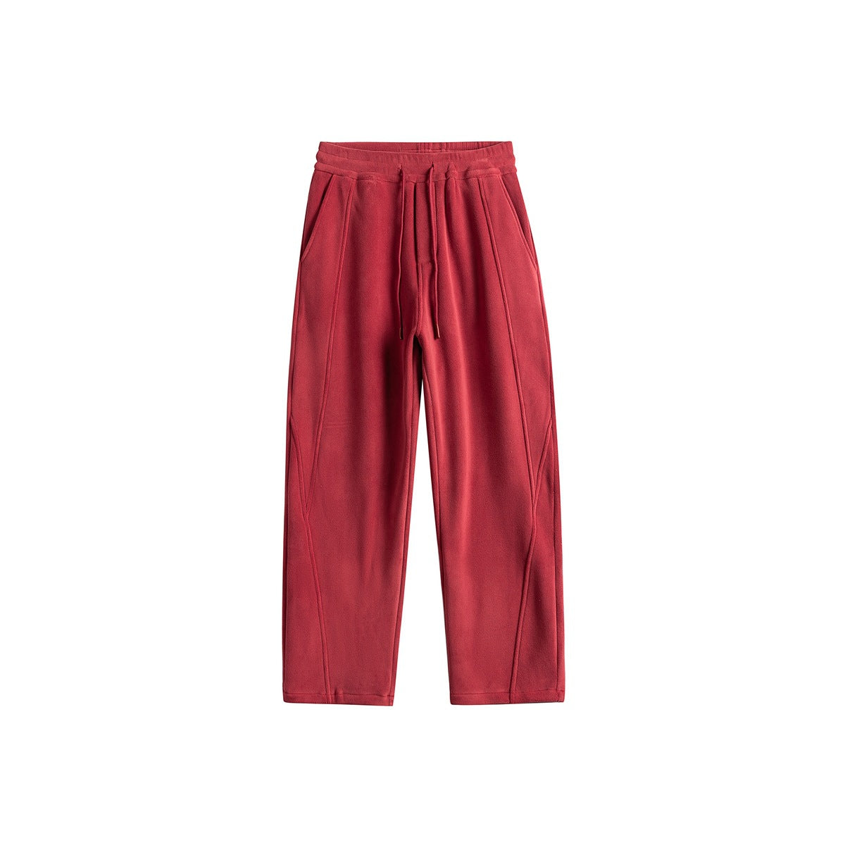 Red wide-leg drawstring sweatpants, flat front view with curved seams and side pockets