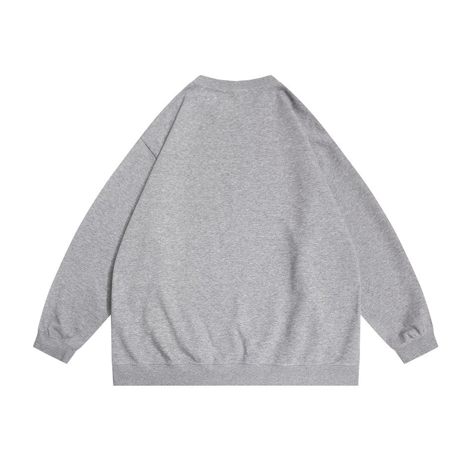 Back view of heather light gray crewneck sweatshirt with plain back, ribbed hem and cuffs