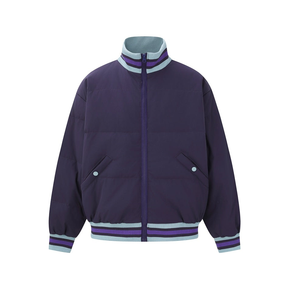 Purple quilted stand-collar zip jacket with light blue and purple striped ribbed trim, front view