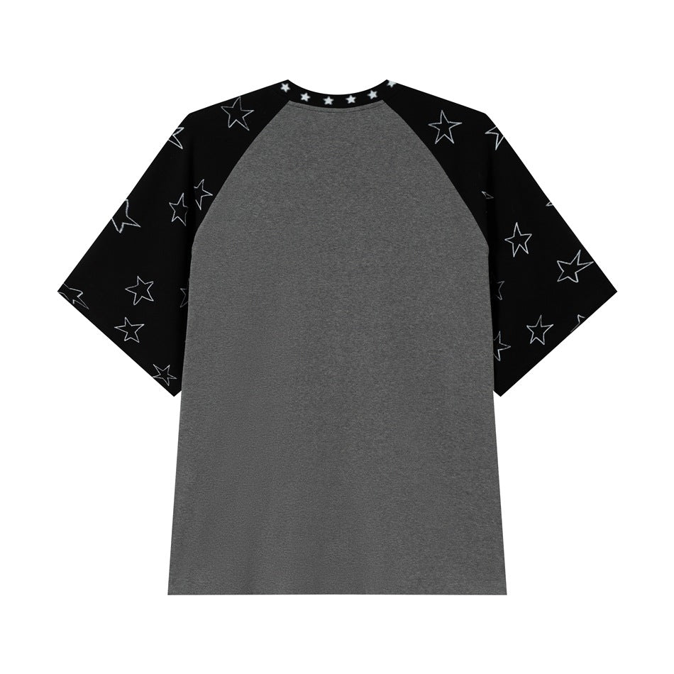 Back view of gray raglan T-shirt with black star-print sleeves and star-print collar band