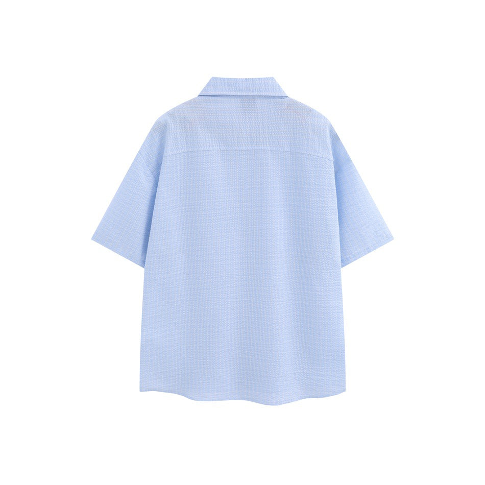 Back view of a light blue short-sleeve textured shirt with a yoke seam and pointed collar