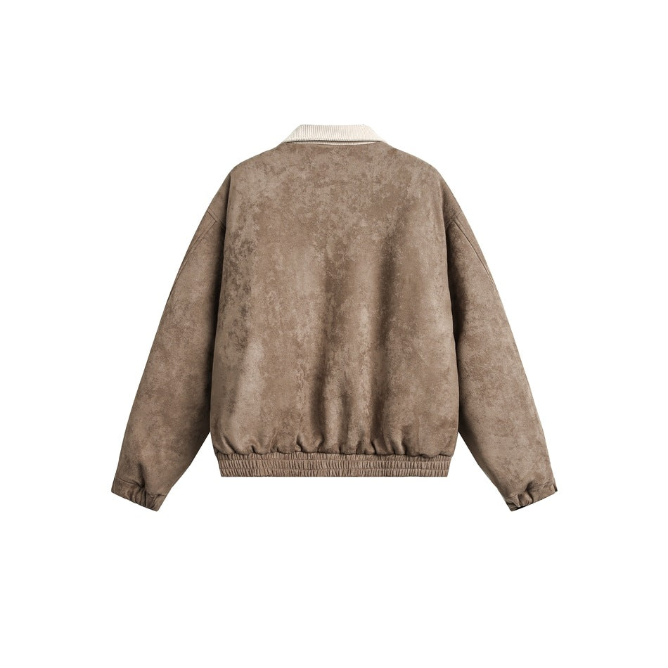 Back view of a tan jacket with a cream collar, long sleeves, and elasticated hem, shown flat against white.