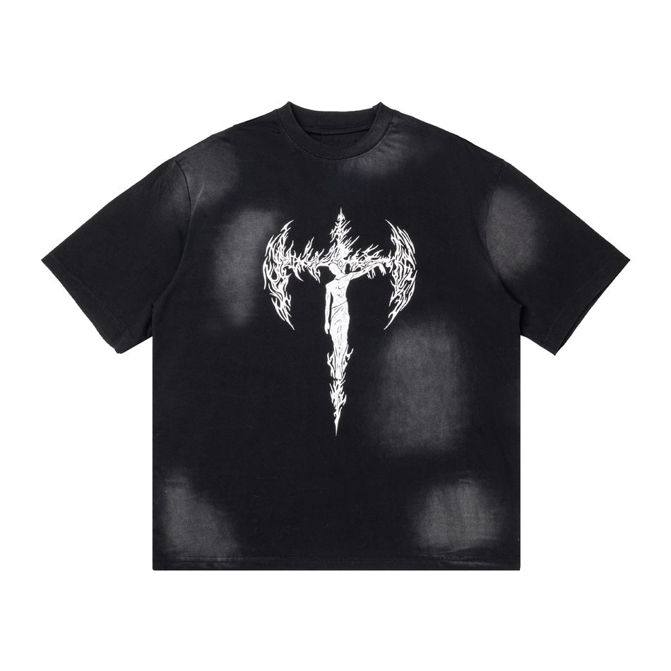 Distressed black short-sleeve t-shirt with faded gray spray marks and a white winged cross figure graphic on the front