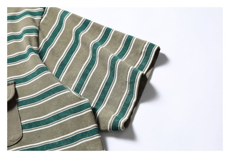 Close-up of a short sleeve on a khaki T-shirt with dark green and white stripes.