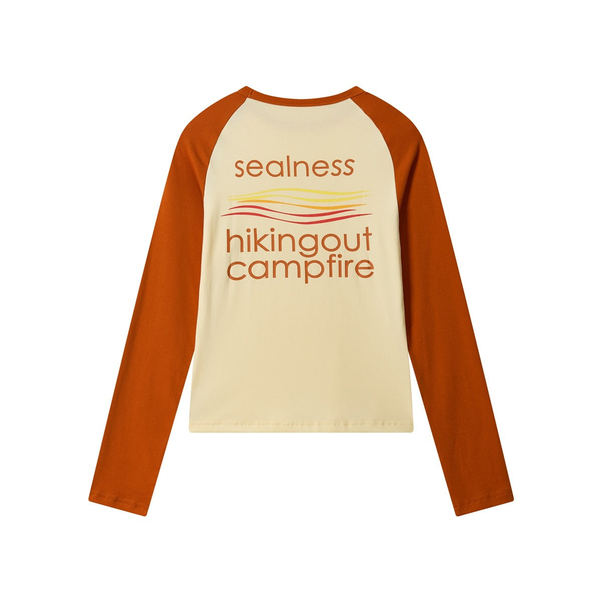 Back of cream long-sleeve raglan tee with burnt orange sleeves and orange campfire wave graphic print