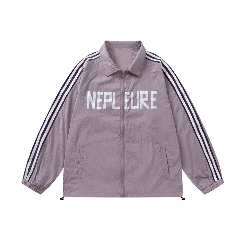 Purple zip-front jacket with white and dark purple sleeve stripes and white NEPL EURE graphic, flat lay