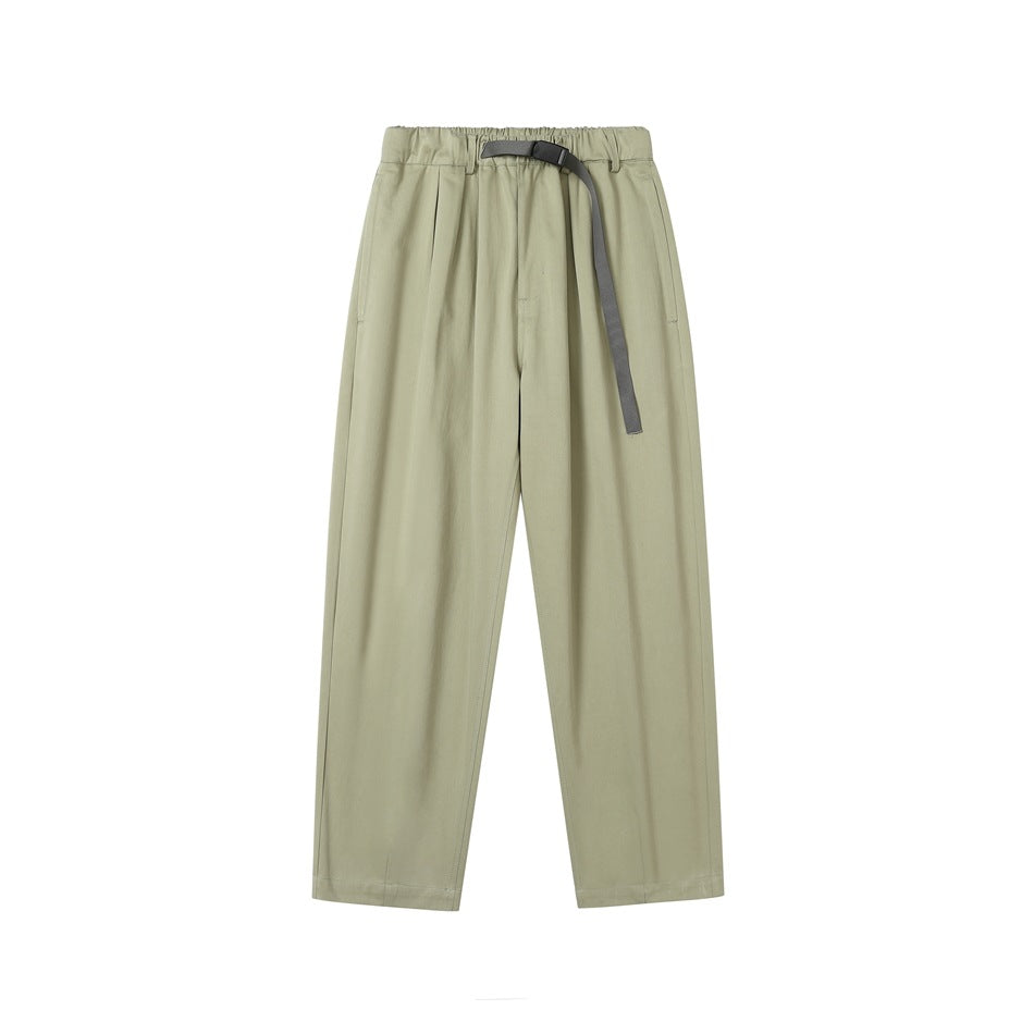 Light green wide-leg pants with pleats, elastic waist and gray belt, flat lay front view