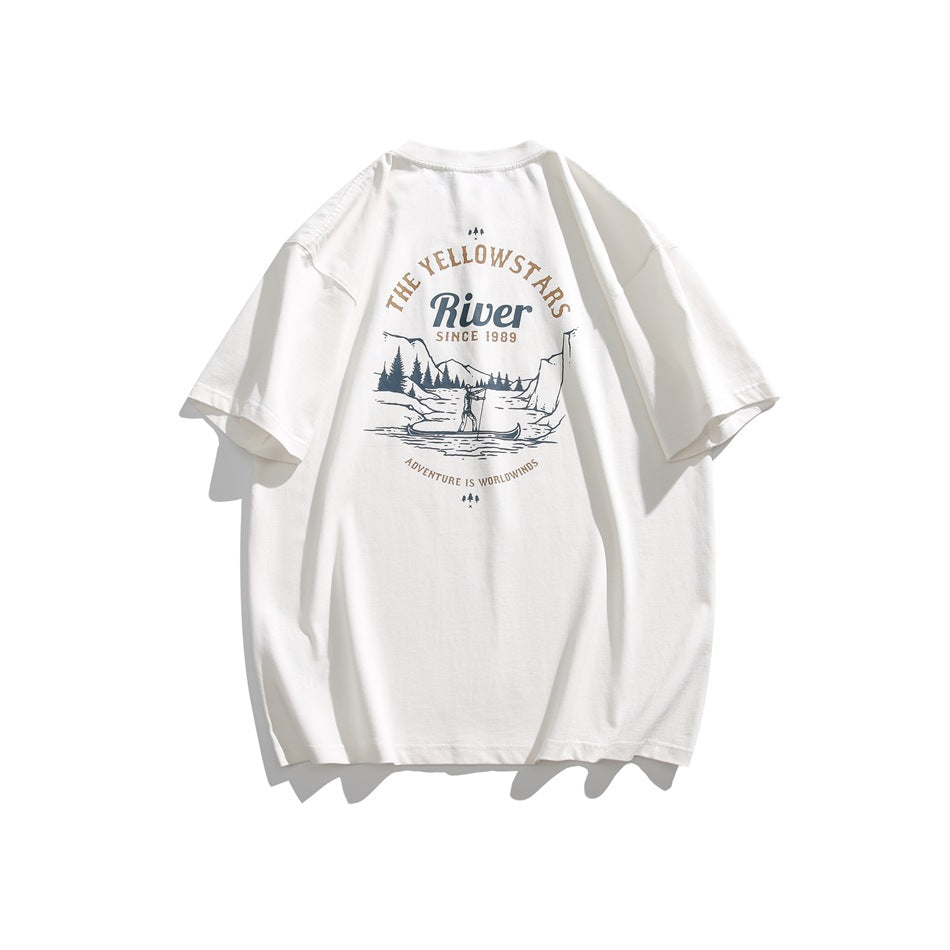 White short-sleeve crewneck T-shirt, back view, with a large river canoe scene print and arched text