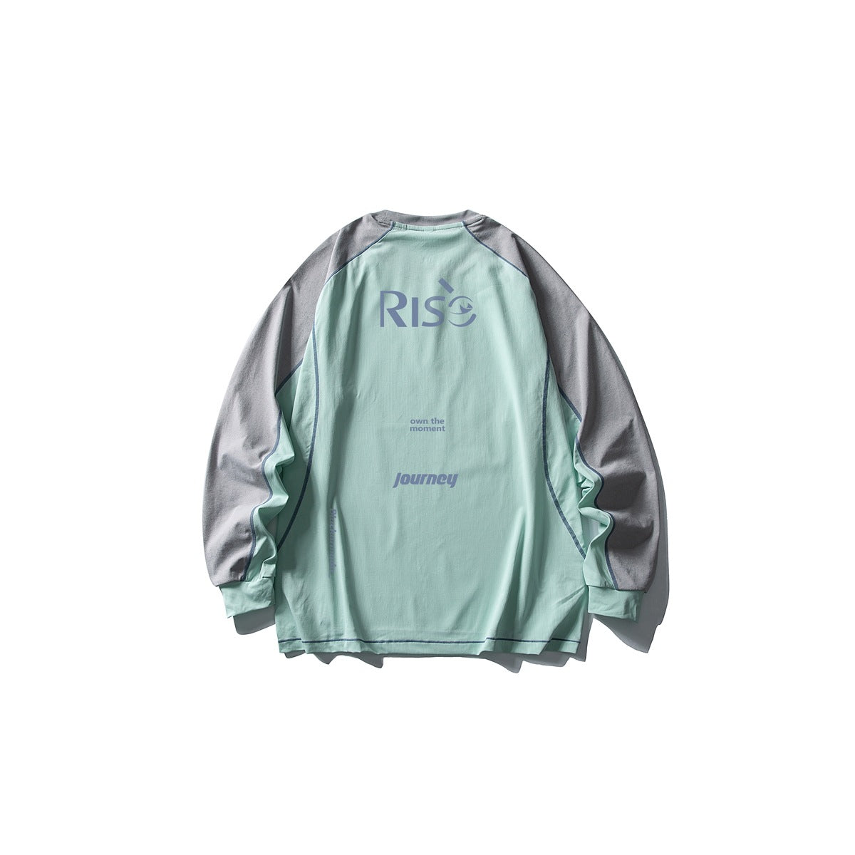 Back of a mint shirt with gray sleeves, blue printed lettering, and contrast seam piping.