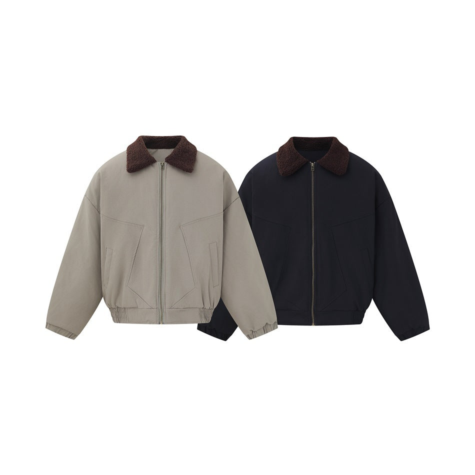 Two zip-front jackets with dark brown textured collars, shown in taupe and black.