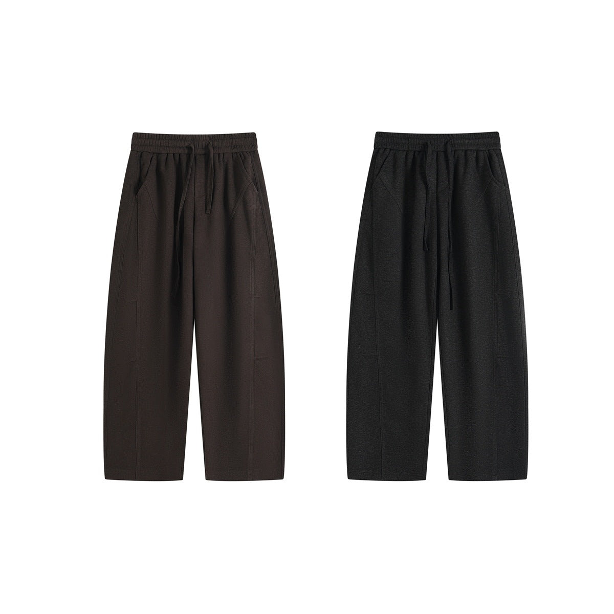 Front view of wide-leg drawstring trousers in dark brown and charcoal black.