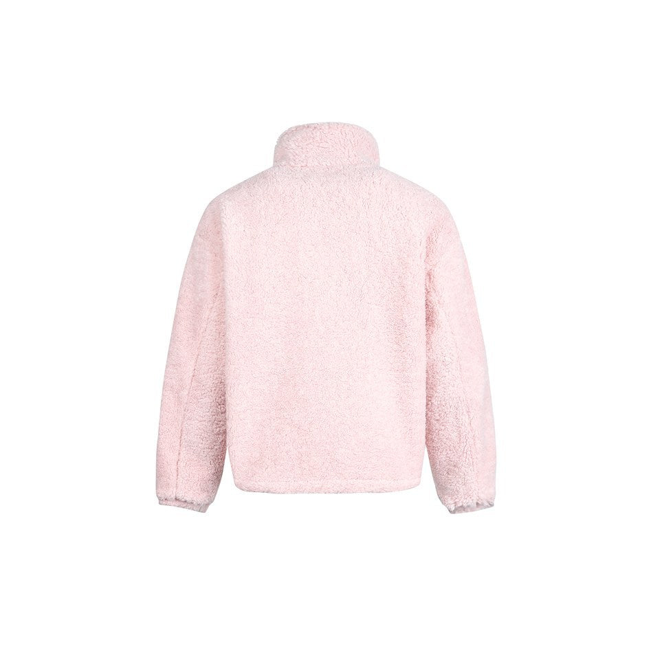Back view of a pale pink plush jacket with a high collar, long sleeves, and a straight hem on a white background.