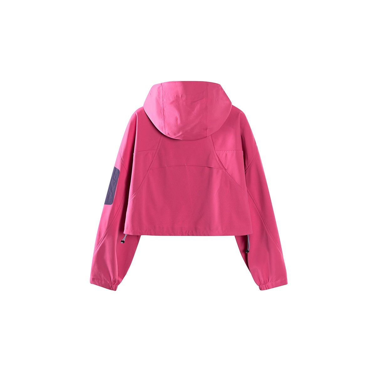 Rear view of a bright pink cropped hooded jacket with long sleeves and a dark sleeve patch.