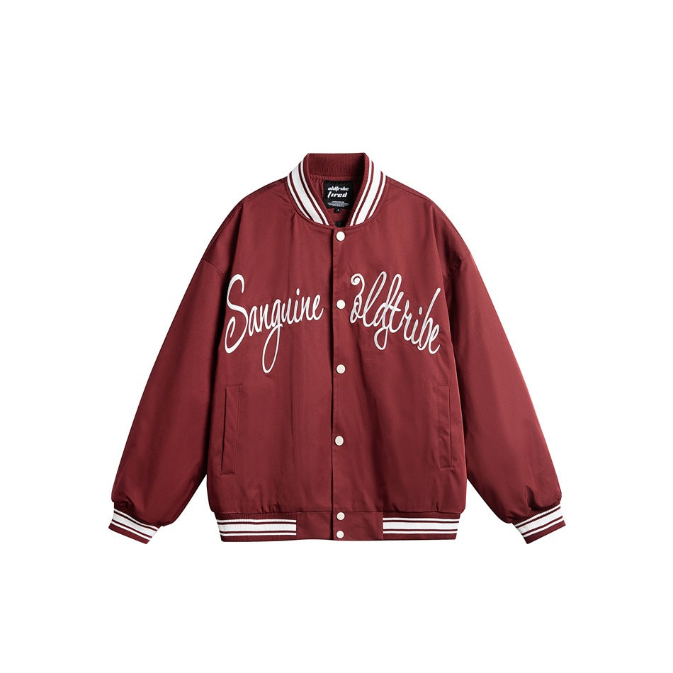 Front view of a burgundy button-front varsity jacket with white cursive chest embroidery and striped ribbed trim.
