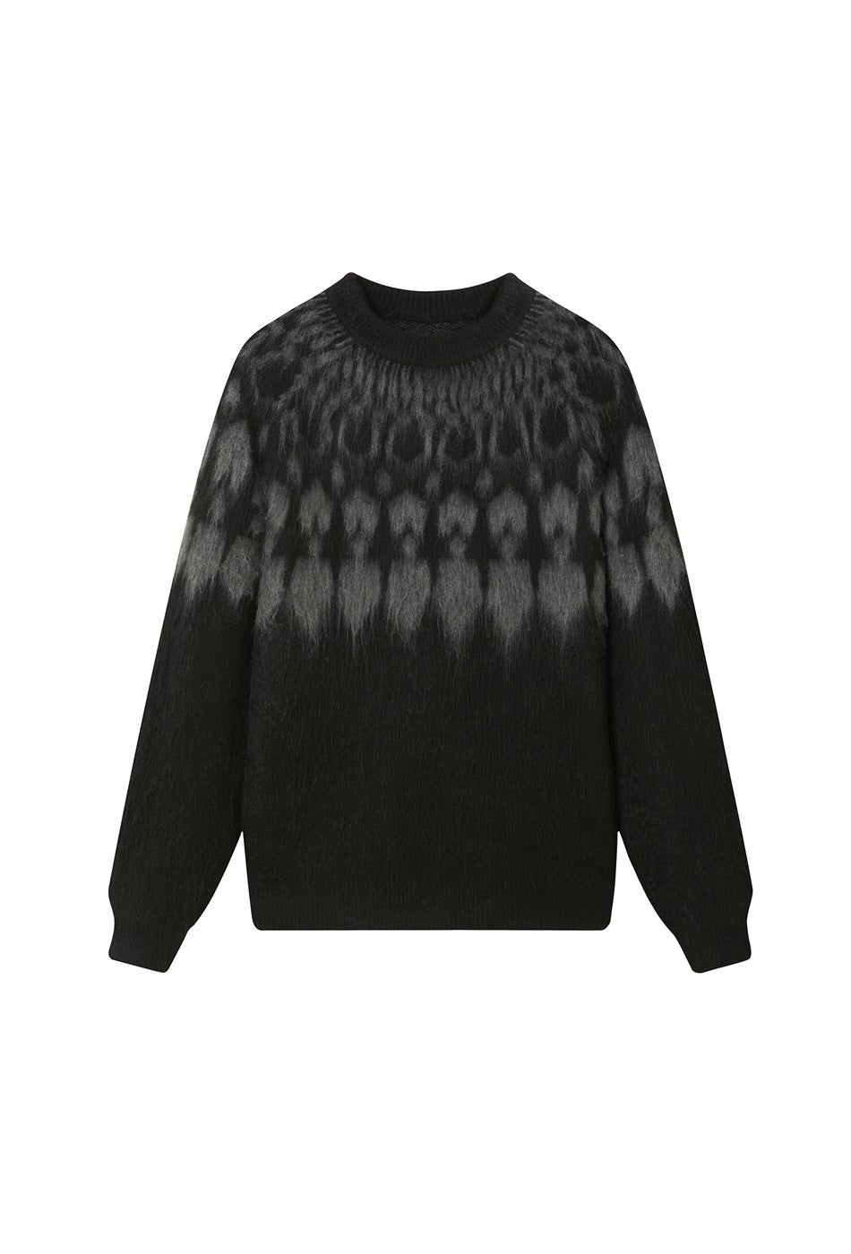 Black knit sweater with gray Fair Isle-style patterned yoke, ribbed round neck and cuffs, fuzzy texture, flat lay