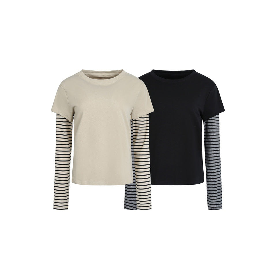 Two short-sleeve tops shown in beige and black, each layered over long striped sleeves.