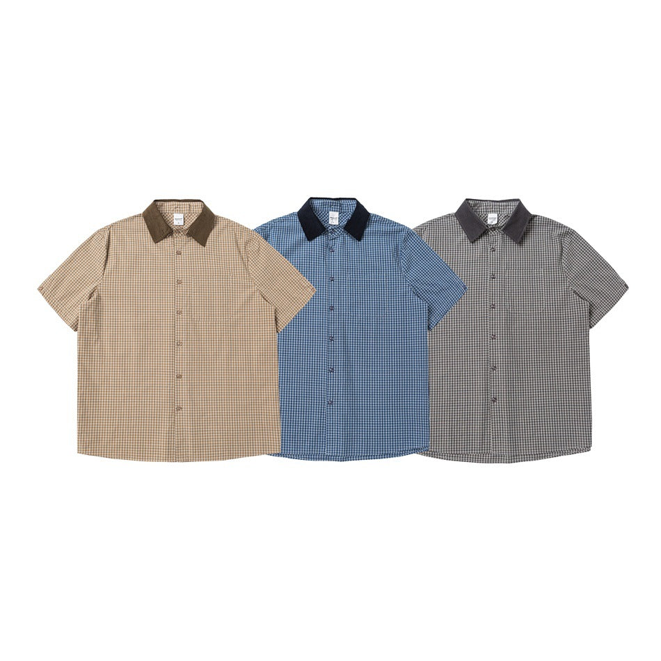 Three short-sleeve checked button-up shirts shown together in beige, blue, and gray colorways.
