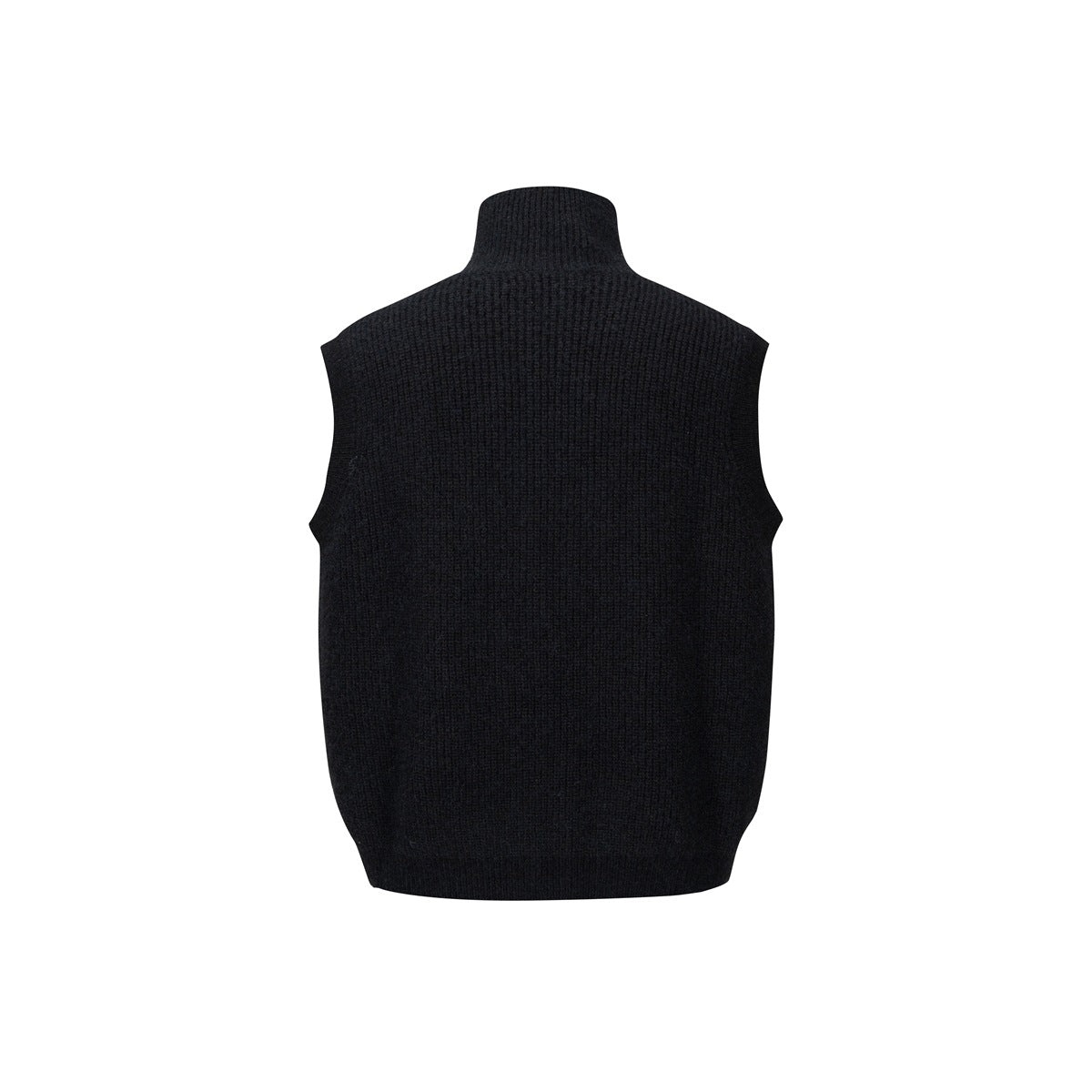 Back view of a black rib-knit sleeveless sweater vest with a high collar and ribbed hem.