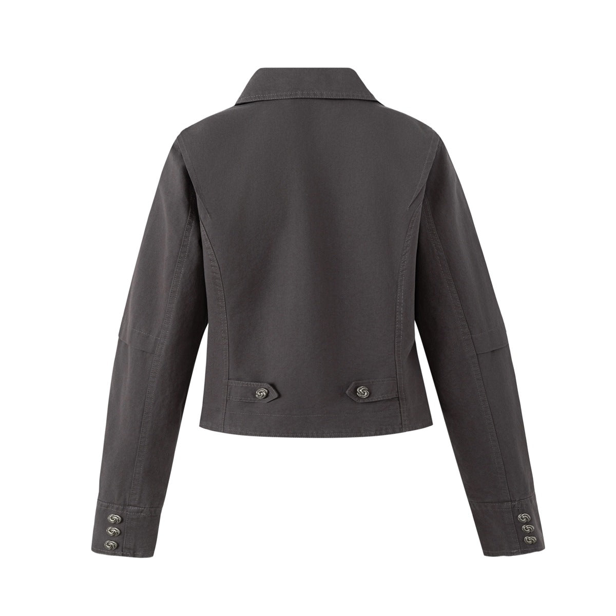 Back view of a charcoal cropped jacket with a wide collar, seam detailing, toggle cuffs, and two small hem tabs.