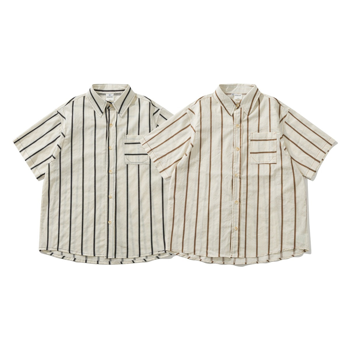 Two short-sleeve button-up shirts shown from the front: cream with black stripes and cream with brown stripes.