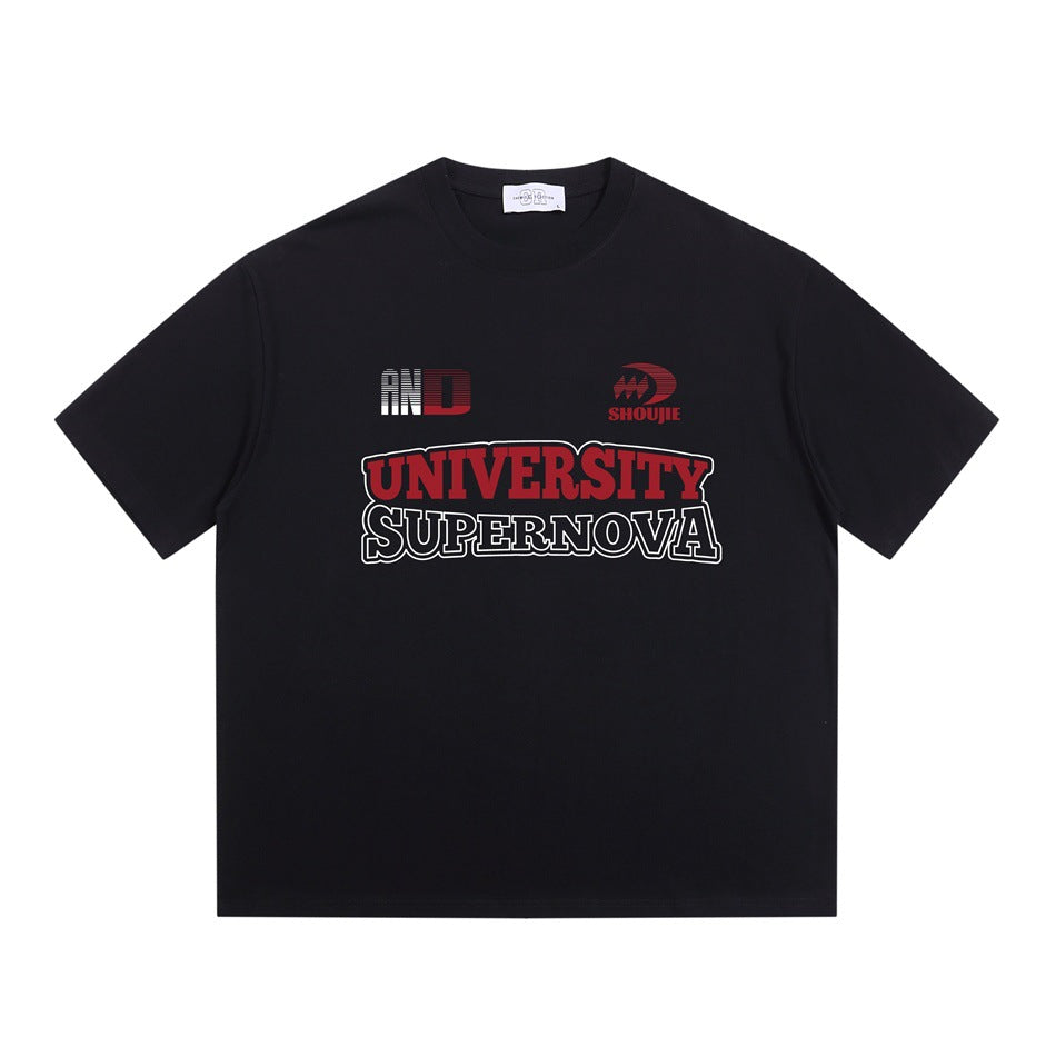 Black short-sleeve crew-neck T-shirt with red UNIVERSITY and outlined SUPERNOVA chest print, flat front view
