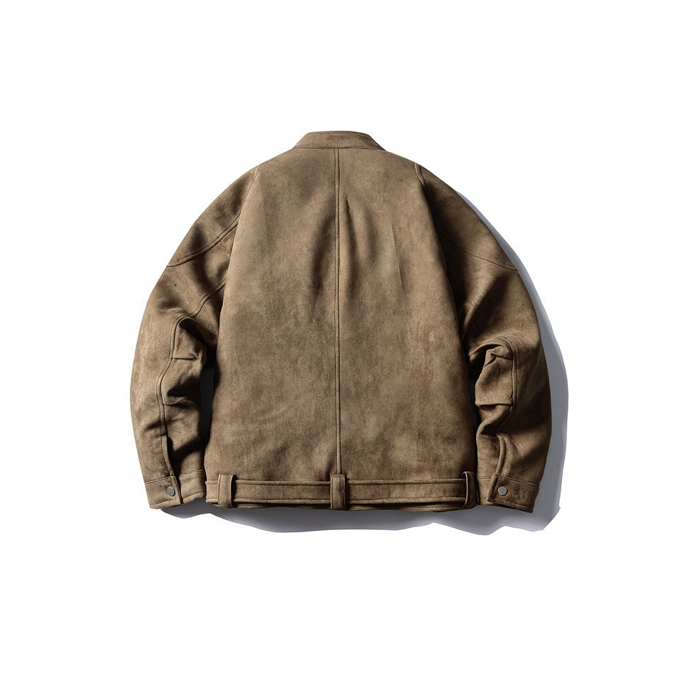 Back view of brown suede-look jacket with center seam, hem belt tabs and snap cuffs