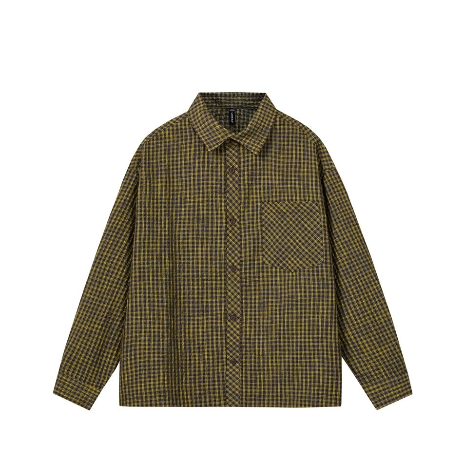 Brown and yellow small-check long-sleeve button-up shirt with chest pocket, flat lay front view