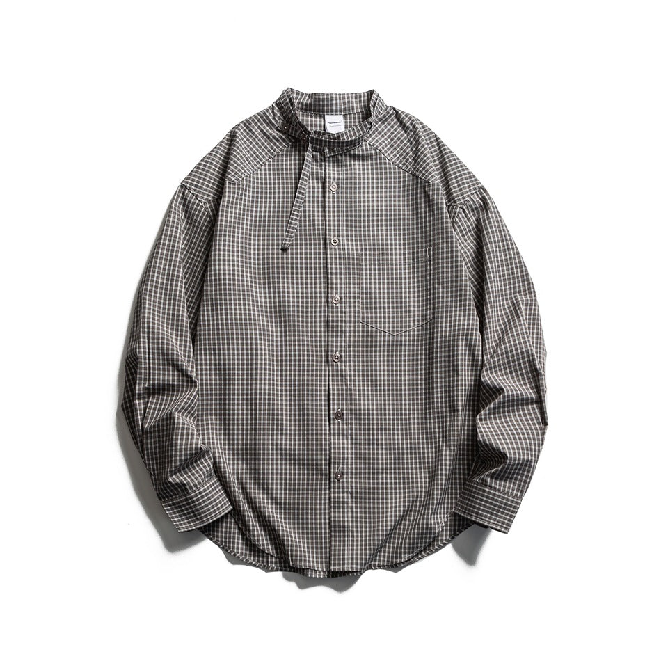 Gray small-check plaid long-sleeve shirt with band collar, neck strap, chest pocket and button front, flat lay