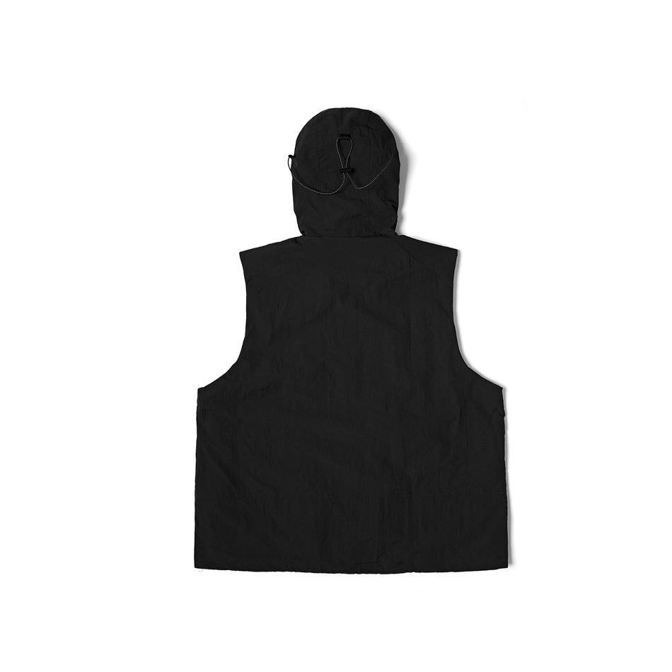 Back view of a black sleeveless hooded vest with an adjustable hood cord.