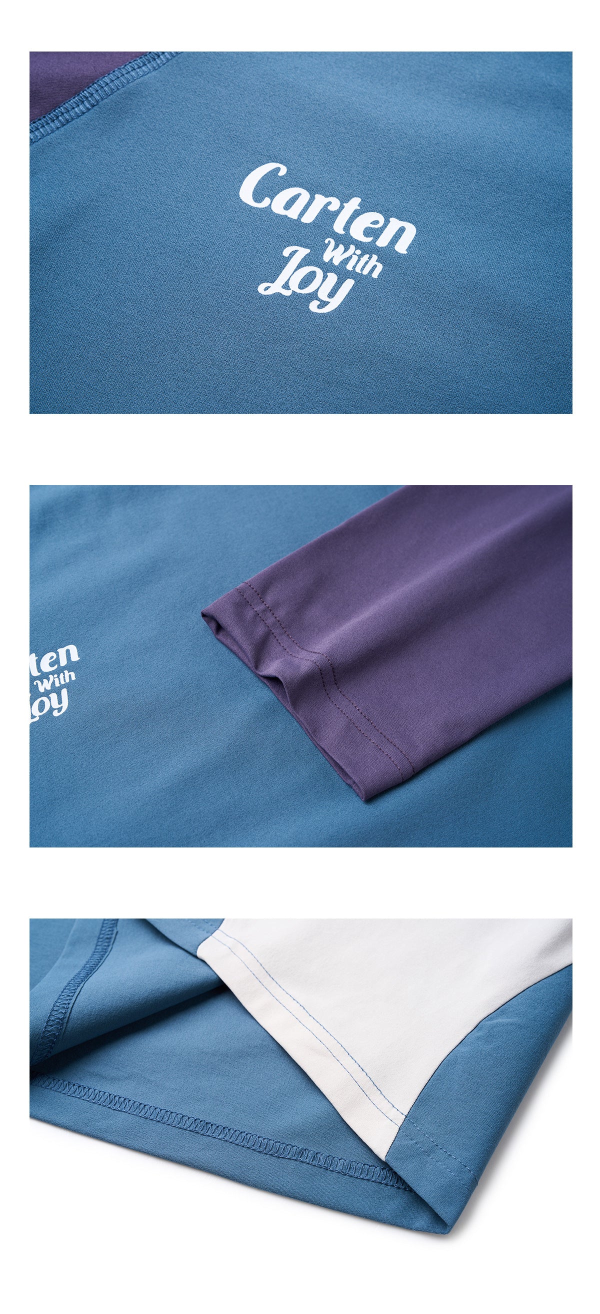 Close-ups of the blue shirt showing its printed lettering, purple sleeve stitching, and white side-panel seam.
